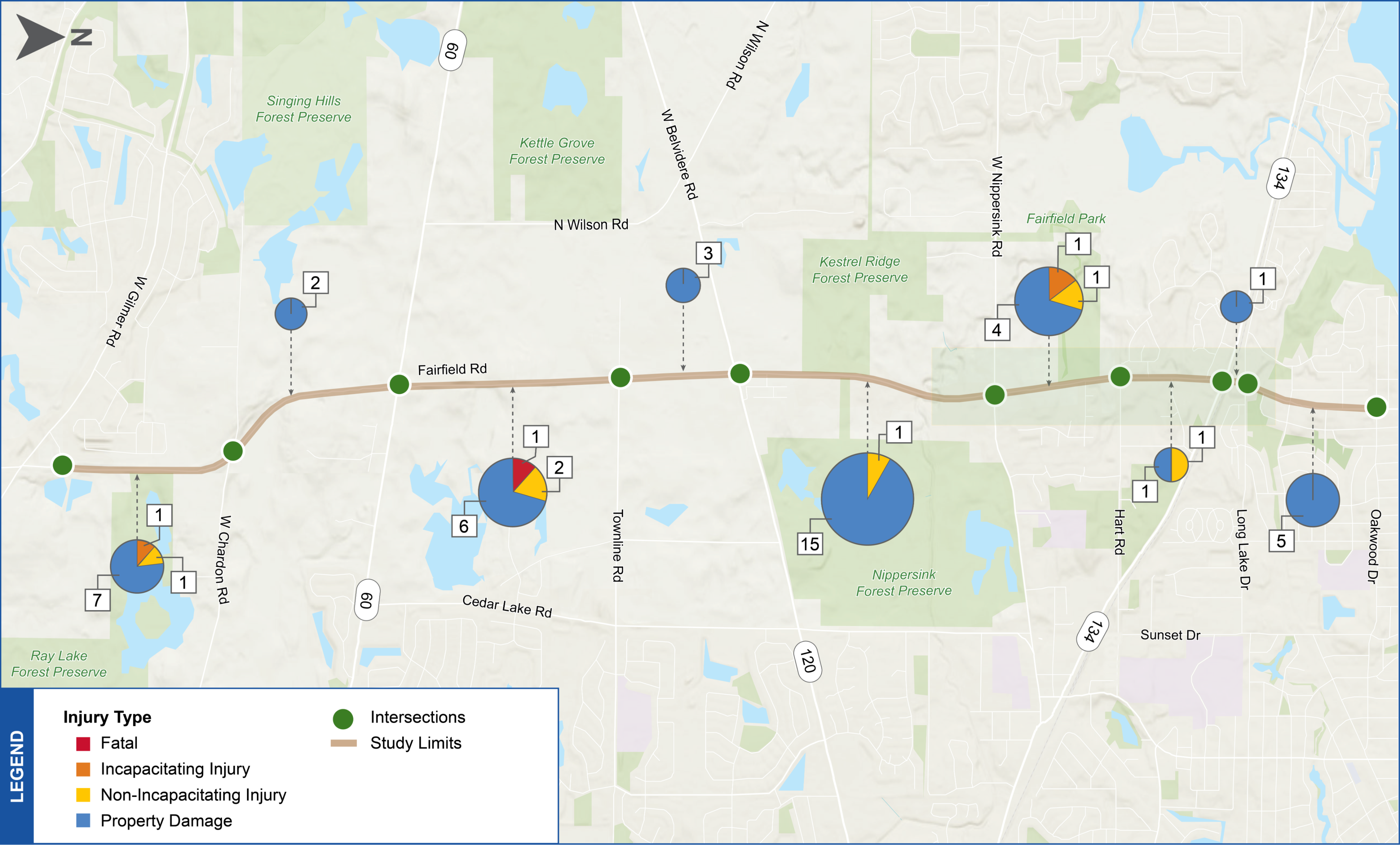 Roadway Segment Crash Map for Fairfield Road Planning Study. Break down of crashes at roadway segments on Fairfield Road in the study area.