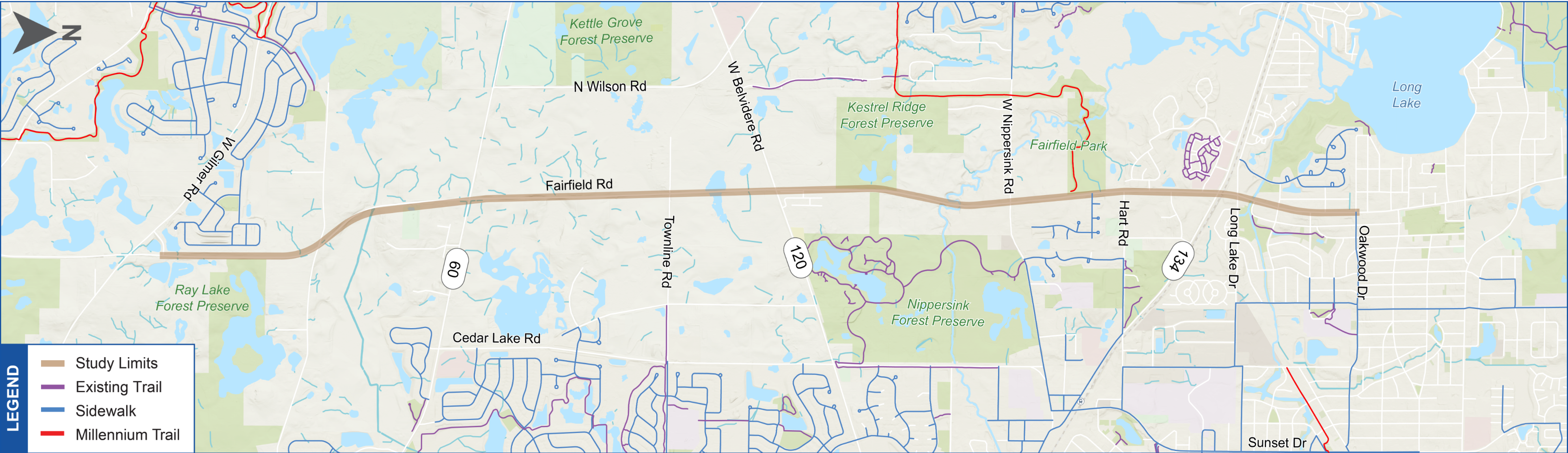 study limit map for sidewalks and trails